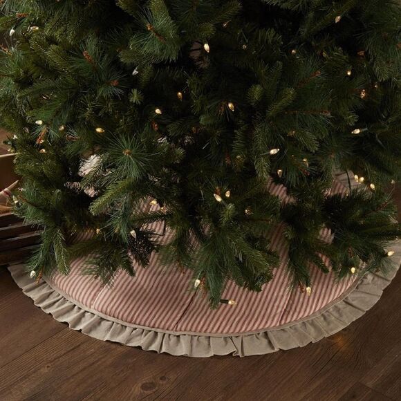 Country Farmhouse Red Ticking Stripe Ruffled 48" Christmas Tree Skirt New - Picture 1 of 1